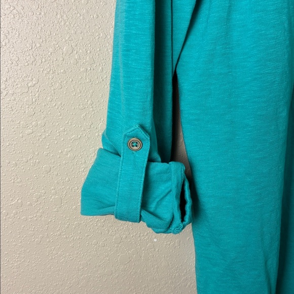 J. JILL Women Large Turquoise Cotton Roll Tab Sleeve Popover Collared Tunic Top - Picture 9 of 14